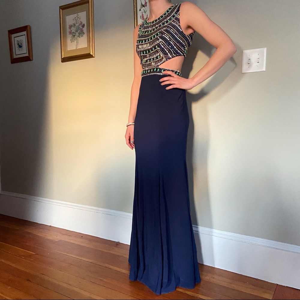 Stunning gem studded prom dress.